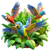 elegant modern A vibrant flock of parrots flying through a tropical rainforest, illuminated by dappled sunlight, in a colorful, illustrative style genuine png