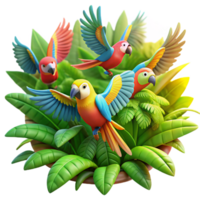 impressive contemporary A vibrant flock of parrots flying through a tropical rainforest, illuminated by dappled sunlight, in a colorful, illustrative style high quality png