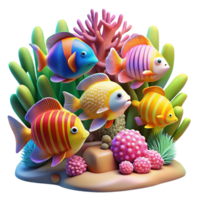 magnificent traditional A group of colorful tropical fish swimming amongst coral reefs, illuminated by underwater sunlight, depicted in a vibrant, detailed illustration detailed png