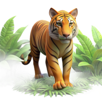 dramatic rustic A powerful tiger prowling through the jungle undergrowth, illuminated by dappled sunlight, in a dramatic, photorealistic style genuine png