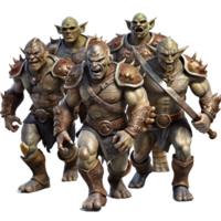 magnificent contemporary A group of fierce orc warriors, clad in heavy armor and wielding brutal weapons, charge into battle. Dramatic, contrasting lighting. Grimdark fantasy art style authentic png