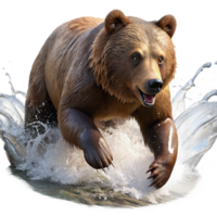 wonderful classic A powerful grizzly bear fishing for salmon in a rushing river, spray and sunlight creating dynamic lighting, captured in a National Geographic-style photograph detailed png