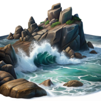 beautiful traditional A rocky coastline with crashing waves, dramatic lighting, seascape painting style original png