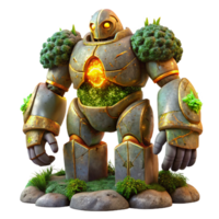 vibrant creative A colossal, sentient robot, constructed of ancient, weathered stone, overgrown with vibrant alien flora, emitting a soft, golden light. Dreamlike lighting, fantasy art style genuine png