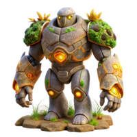 stunning classic A colossal, sentient robot, constructed of ancient, weathered stone, overgrown with vibrant alien flora, emitting a soft, golden light. Dreamlike lighting, fantasy art style authentic png