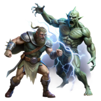 stunning modern A stoic Celtic warrior battling a monstrous, shadowy banshee amidst a raging thunderstorm, illuminated by lightning strikes, painted in the style of Frank Frazetta 4K png