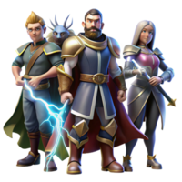 dramatic minimalist A group of heroic adventurers, a knight, a mage, and a rogue, standing together, ready for battle, illuminated by the dramatic light of a lightning strike 4K png