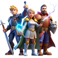 impressive minimalist A group of heroic adventurers, a knight, a mage, and a rogue, standing together, ready for battle, illuminated by the dramatic light of a lightning strike high resolution png