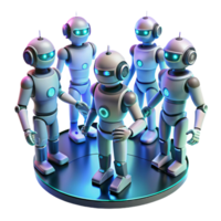 vibrant abstract A group of stylized humanoid robots collaborating on a complex engineering project, illuminated by dynamic, shifting neon light, futuristic industrial style premium png
