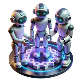 elegant traditionell en grupp av stiliserade humanoid robotar samarbetande på en komplex teknik projekt, upplyst förbi dynamisk, skiftande neon ljus, trogen industriell stil professionell png