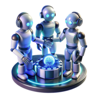 elegant abstract A group of stylized humanoid robots collaborating on a complex engineering project, illuminated by dynamic, shifting neon light, futuristic industrial style 4K png
