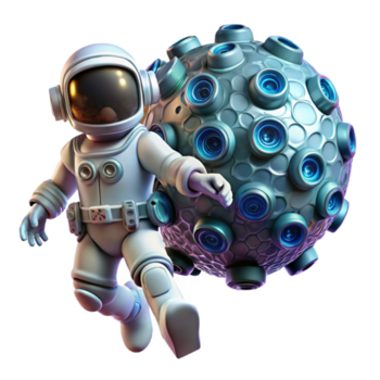 wonderful minimalist A lone astronaut floating in space, surrounded by shimmering nanobots assembling a colossal satellite, illuminated by the distant glow of a nebula, photorealistic style exclusive png