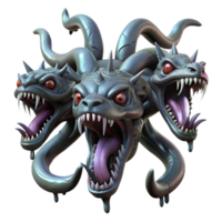 elegant artistic A fearsome hydra with nine snarling heads, each dripping venom, dark and moody lighting, dark fantasy style professional png
