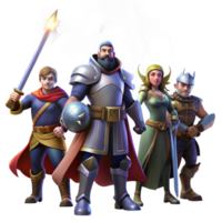 beautiful classic A group of heroic adventurers, a knight, a mage, and a rogue, standing together, ready for battle, illuminated by the dramatic light of a lightning strike genuine png