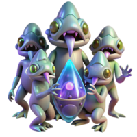 extraordinary minimalist A group of alien creatures, with iridescent scales and glowing eyes, gather around a strange artifact, ambient lighting, fantasy style original png