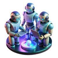 extraordinary modern A group of stylized humanoid robots collaborating on a complex engineering project, illuminated by dynamic, shifting neon light, futuristic industrial style high resolution png