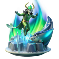 beautiful vintage A mischievous Norse Loki transforming into a salmon, leaping through a crystalline waterfall under the aurora borealis, Art Deco style authentic png