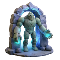 serene modern A stoic golem crafted from enchanted granite, standing guard over a hidden portal, illuminated by the pulsating light of the portal's energy professional png