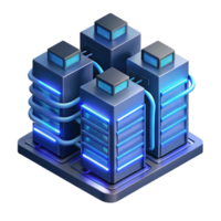 elegant contemporary A futuristic data center with rows of servers and glowing cables, illuminated by cool blue light, isometric style high resolution png