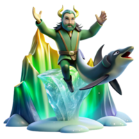 wonderful minimalist A mischievous Norse Loki transforming into a salmon, leaping through a crystalline waterfall under the aurora borealis, Art Deco style professional png