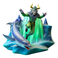 serene rustic A mischievous Norse Loki transforming into a salmon, leaping through a crystalline waterfall under the aurora borealis, Art Deco style original png