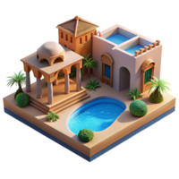 elegant abstract Desert oasis resort, adobe architecture, cool blue pool, shimmering heat haze, luxurious and relaxing, travel photography style, authentic png
