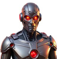 deslumbrante criativo uma cyborg com brilhando vermelho olhos e intrincado mecânico aumentos olhares fixos intensamente às a visualizador, claro-escuro iluminação, biomecânico estilo Alto qualidade png