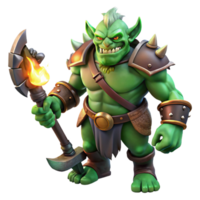 serene rustic A fierce orc warrior with green skin and tusks protruding from its lower jaw, wielding a crude, but powerful axe, illuminated by the flickering light of a campfire exclusive png