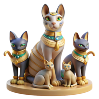 extraordinary classic A benevolent Egyptian Bastet, the cat goddess, basking in the warm sunlight, surrounded by playful kittens, ancient Egyptian papyrus painting style original png