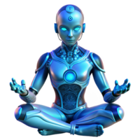 magnificent modern A cyborg with glowing blue skin and intricate tattoos meditates in a futuristic temple, soft lighting, spiritual style authentic png