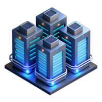 magnificent minimalist A futuristic data center with rows of servers and glowing cables, illuminated by cool blue light, isometric style high quality png