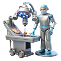 vibrant minimalist A robotic surgeon, with intricate mechanical arms and glowing optical sensors, performing surgery on a cyborg. Sterile, clinical lighting, biomechanical style genuine png