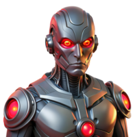 elegante criativo uma cyborg com brilhando vermelho olhos e intrincado mecânico aumentos olhares fixos intensamente às a visualizador, claro-escuro iluminação, biomecânico estilo original png