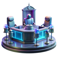 dramatic artistic A futuristic courtroom with holographic displays and robotic judges, sterile, formal lighting, original png