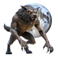 magnificent traditional A ferocious werewolf transforming under a full moon, dramatic silhouette lighting, horror style exclusive png
