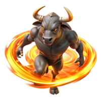 impressive modern A fierce minotaur, muscles rippling, charging through a swirling vortex of ethereal flames, dramatic backlighting, hyperrealistic style authentic png
