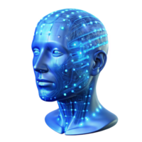 dramático artístico uma transparente humano cabeça preenchidas com rodopiando binário código, iluminado a partir de dentro de uma legal, elétrico azul luz, abstrato arte estilo genuíno png