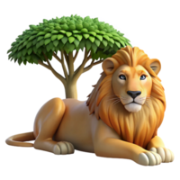 impressive traditional A regal lion resting in the shade of an acacia tree, dappled sunlight filtering through the leaves, in a classic wildlife painting style high quality png