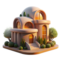 extraordinary rustic Organic architecture, building seamlessly blending with nature, warm sunset light, peaceful and harmonious, matte painting style, detailed png