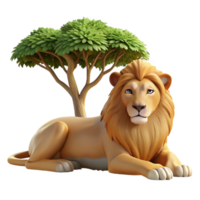 wonderful contemporary A regal lion resting in the shade of an acacia tree, dappled sunlight filtering through the leaves, in a classic wildlife painting style authentic png