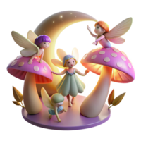 elegant abstract A group of playful fairies with wings of butterfly scales, dancing in a circle around a glowing mushroom ring, illuminated by the soft light of the moon original png