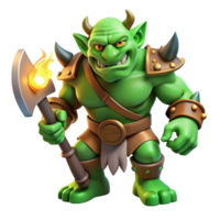 serene contemporary A fierce orc warrior with green skin and tusks protruding from its lower jaw, wielding a crude, but powerful axe, illuminated by the flickering light of a campfire 4K png