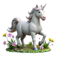 dramatic classic A majestic unicorn with a silver horn, prancing in a field of wildflowers, soft pastel lighting, fairytale illustration style genuine png