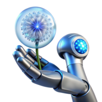 beautiful abstract A gleaming chrome robotic hand delicately holding a single dandelion seed, illuminated by a soft, ethereal blue light, in a highly detailed, photorealistic style exclusive png