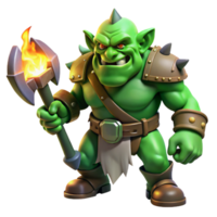 extraordinary rustic A fierce orc warrior with green skin and tusks protruding from its lower jaw, wielding a crude, but powerful axe, illuminated by the flickering light of a campfire premium png