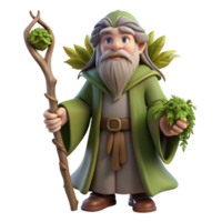 vibrant vintage A wise old druid with a long, flowing beard of moss and vines, holding a staff of living wood, illuminated by the dappled sunlight of a forest glade professional png