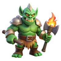 beautiful contemporary A fierce orc warrior with green skin and tusks protruding from its lower jaw, wielding a crude, but powerful axe, illuminated by the flickering light of a campfire 4K png