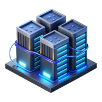 wonderful classic A futuristic data center with rows of servers and glowing cables, illuminated by cool blue light, isometric style 4K png