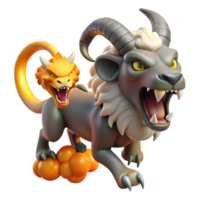 magnificent minimalist A menacing chimera with the head of a lion, the body of a goat, and the tail of a serpent, breathing a cloud of noxious fumes, illuminated by the flickering light of torches 4K png