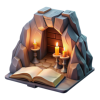 wonderful artistic Subterranean library, carved into rock, warm candlelight, ancient and mysterious, fantasy illustration style, high resolution png